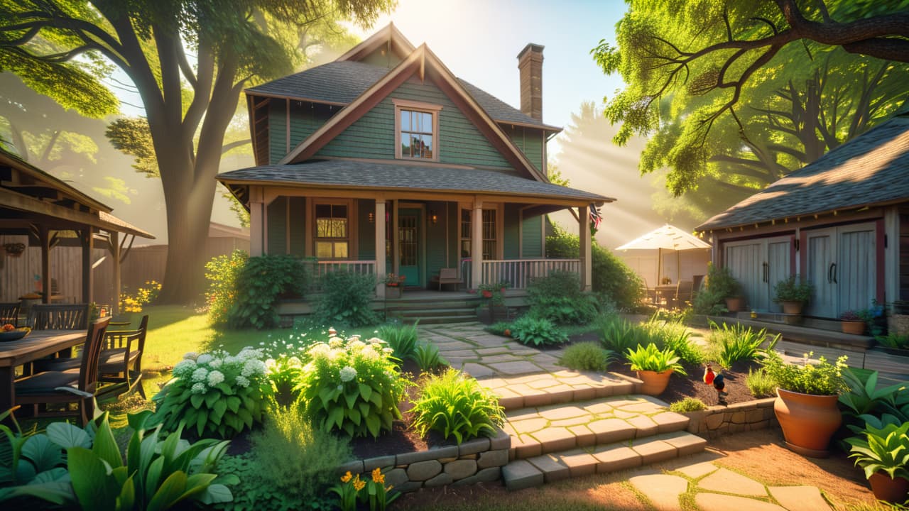  a cozy texas backyard with a small vegetable garden, chickens roaming freely, and a charming, rustic homestead. sunlight filters through trees, highlighting sustainable living practices and a sense of community. hyperrealistic, full body, detailed clothing, highly detailed, cinematic lighting, stunningly beautiful, intricate, sharp focus, f/1. 8, 85mm, (centered image composition), (professionally color graded), ((bright soft diffused light)), volumetric fog, trending on instagram, trending on tumblr, HDR 4K, 8K