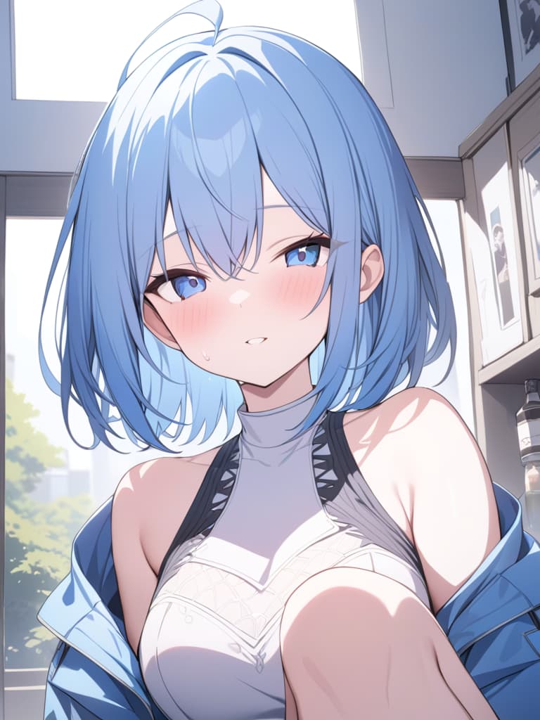  light blue hair, light blue, bob hair, fun, sunny, live, masterpiece, best quality,8k,ultra detailed,high resolution,an extremely delicate and beautiful,hyper detail