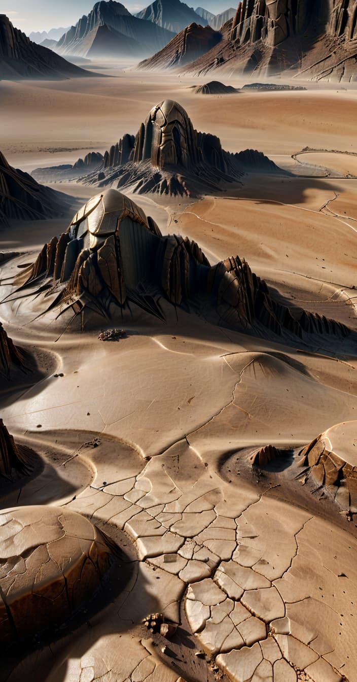  professional 3d model terrestrial biome, drought, cracked earth, mountain with platforms, mountains, sand . octane render, highly detailed, volumetric, dramatic lighting, civitai, hkmagic