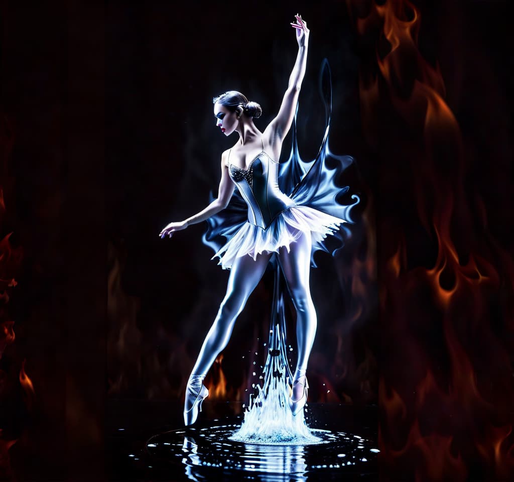  horror themed a crystal ballerina dances the grand batman among the flames of liquid glass. the right leg is half bent, raised high up and stretched back. . eerie, unsettling, dark, spooky, suspenseful, grim, highly detailed, hkmagic, glowneon