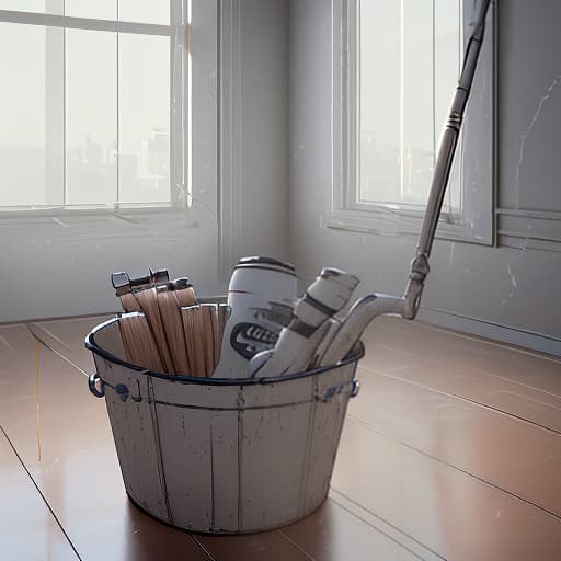  logo for cleaning company, with bucket and brushes, shot 35 mm, realism, octane render, 8k, trending on artstation, 35 mm camera, unreal engine, hyper detailed, photo realistic maximum detail, volumetric light, realistic matte painting, hyper photorealistic, trending on artstation, ultra detailed, realistic