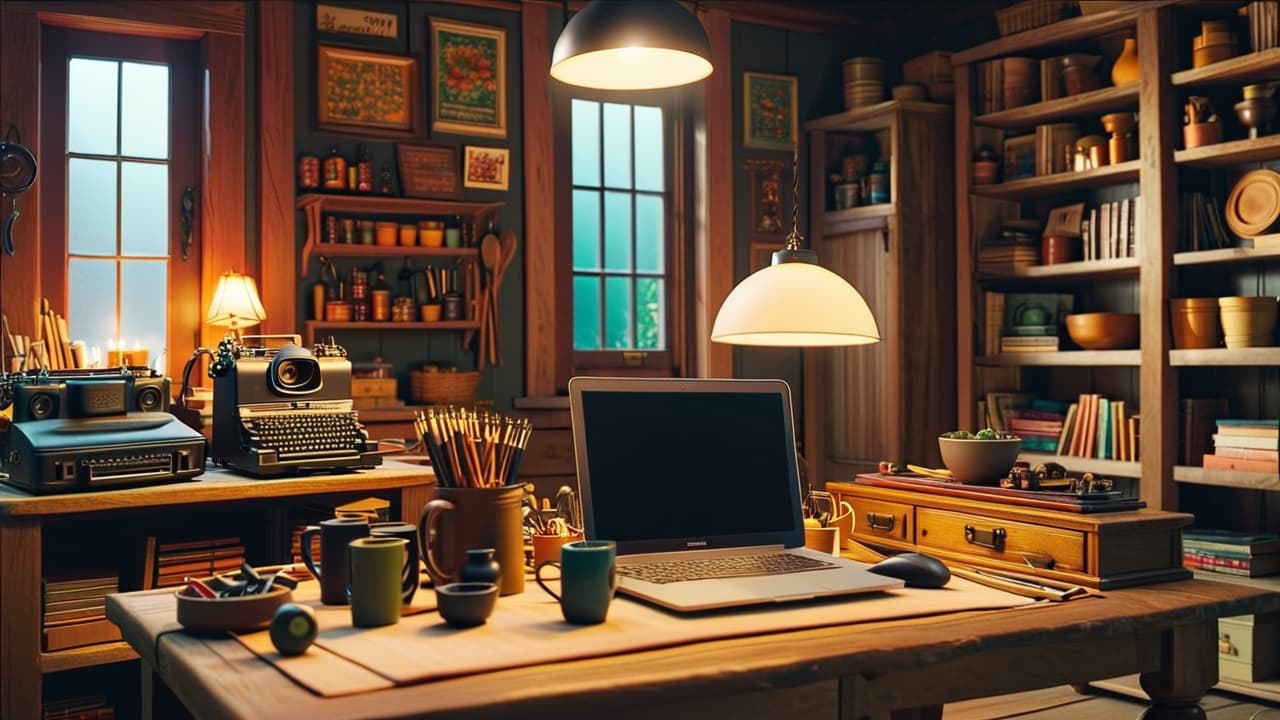  a cozy workshop filled with handcrafted wooden items like furniture, toys, and decor. a laptop displays an online marketplace, while tools and wood shavings surround a well lit workbench, showcasing creativity and craftsmanship. hyperrealistic, full body, detailed clothing, highly detailed, cinematic lighting, stunningly beautiful, intricate, sharp focus, f/1. 8, 85mm, (centered image composition), (professionally color graded), ((bright soft diffused light)), volumetric fog, trending on instagram, trending on tumblr, HDR 4K, 8K