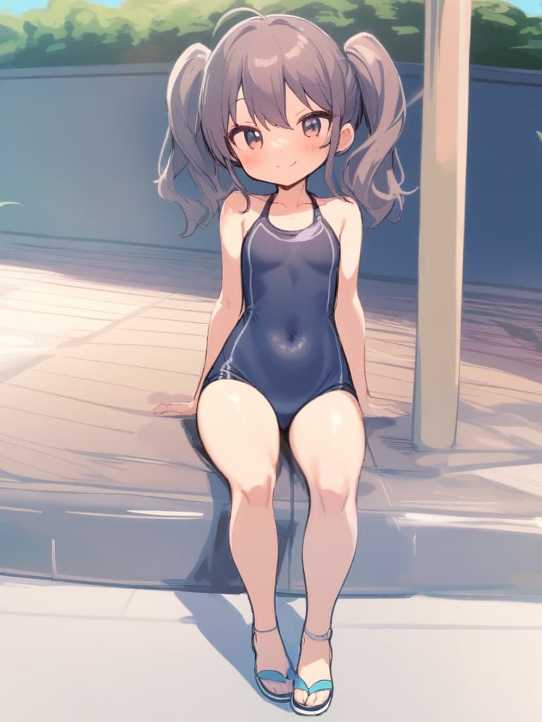  women's elementary , twin tails, cute smiles, rich s, low stature, dark blue swimwear, old swimwear, swimwear, male, male, shaped clear , shaped clear phimosis, shaped phimosis,, swelling, (bulging) , front, whole body, pool side,