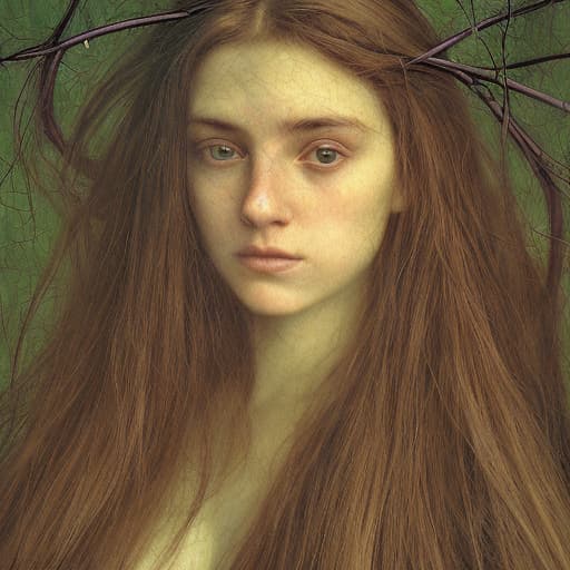 analog style Highly detailed moody dark, masterful portrait of a breathtakingly lovely, wild Witchling nymph surrounded by trailing ivy painted by John William Waterhouse and Rembrandt. She has a beguiling face and is looking down directly at the viewer. Her eyes are breathtakingly lovely and engaging. She has long, wild, unkempt dark hair. Gorgeous, highly detailed , ornate composition using the golden ratio.