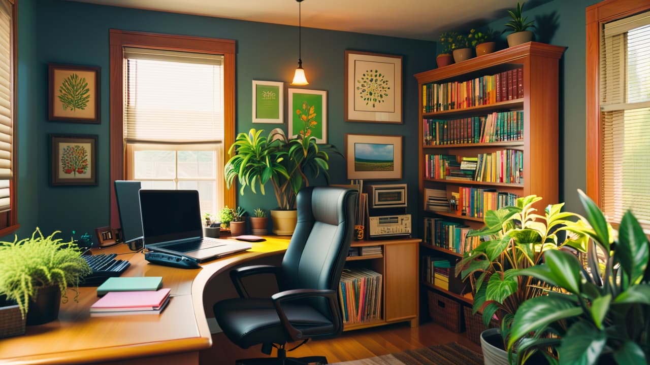  a cozy, well lit home office with a laptop, colorful stationery, a whiteboard with notes, a comfortable chair, and a bookshelf filled with educational resources, all set on a wooden desk surrounded by plants. hyperrealistic, full body, detailed clothing, highly detailed, cinematic lighting, stunningly beautiful, intricate, sharp focus, f/1. 8, 85mm, (centered image composition), (professionally color graded), ((bright soft diffused light)), volumetric fog, trending on instagram, trending on tumblr, HDR 4K, 8K