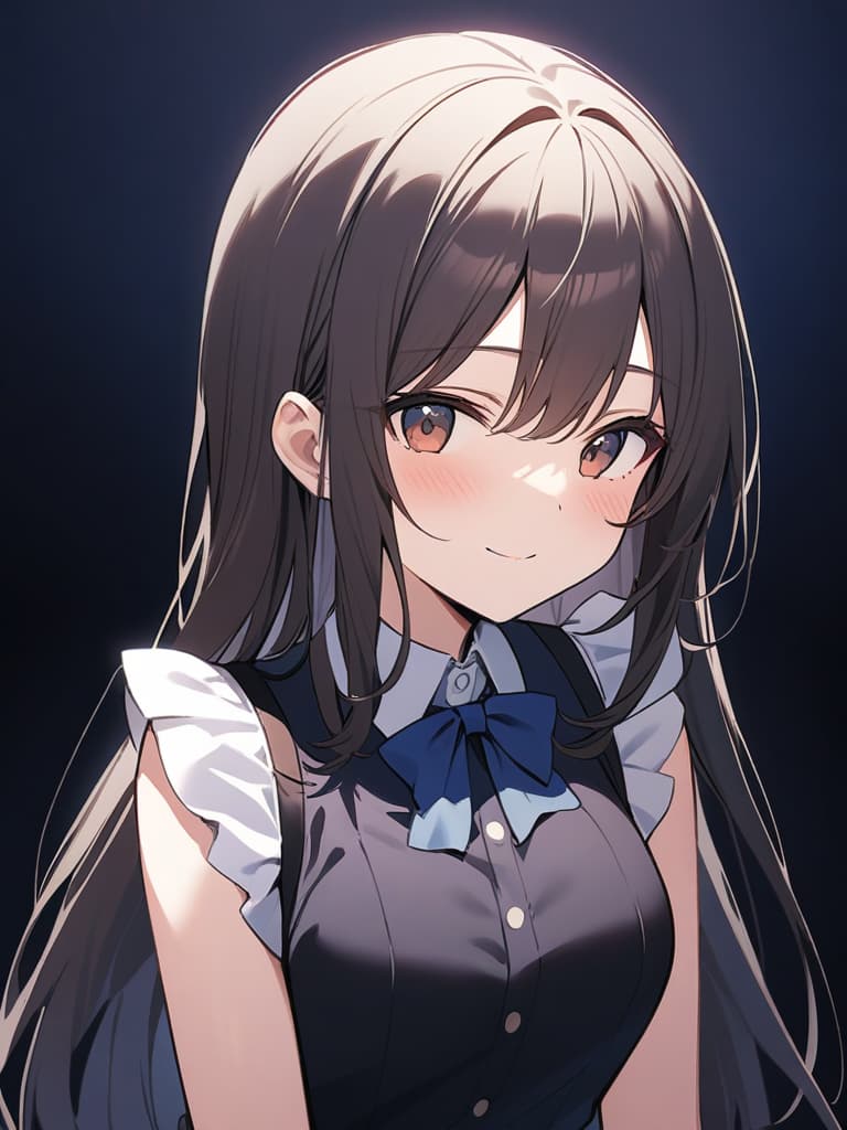  gentle illustration {clean beautiful girl:1.5}{dark brown hair:1.5}{shiny straight long hair:1.5}{half up:1.5}{gentle smile:1.5}{she is wearing a dress with white collar on dark blue background:1.2}{upper body} masterpiece,high quality,16k,