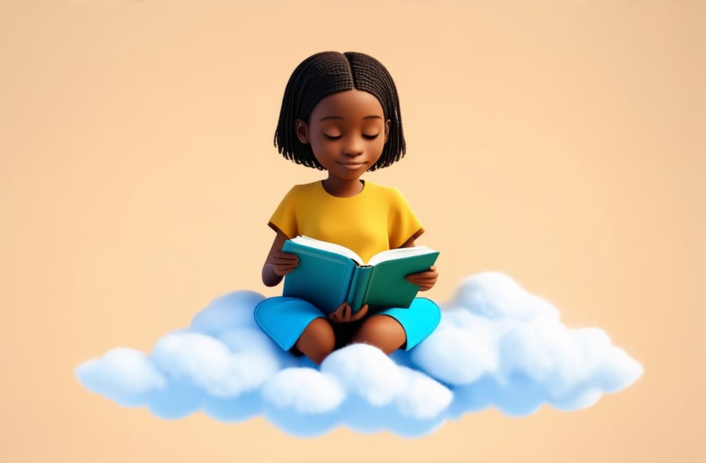  epic realistic, hyperdetailed, (cycles render:1.3), caustics, (glossy:0.58), (artstation:0.82),literary fan young african girl in the sky on a cloud reading a book. funny, abstract cartoon people on beige. 3d rendering. ar 3:2