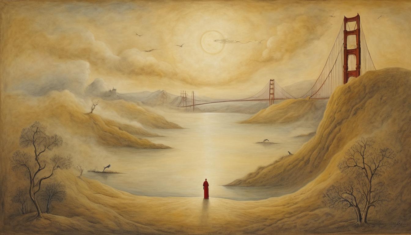  on parchment, surrealism++, golden gate at the end of path, awaiting figure, celestial invitation, divine entrance, ethereal journey(mysterious, provocative, symbolic)++