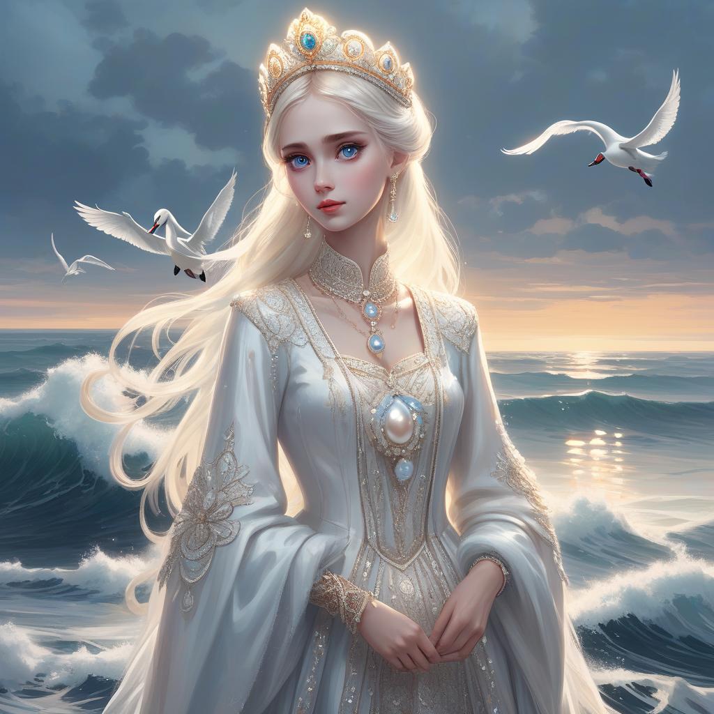  russian fairy tale, slavic swan tsareva with a pearl crown on her head, full length, in traditional expensive and bright clothes, she stands against the background of the russian sea, white light falls from above, and waves at her feet, ((realistic anime)), ((kawaii style)), ((very clear lines)), ((drawn lines)), ((big eyes)), high detail, 8k, richly decorated, complex, cinematic, atmospheric