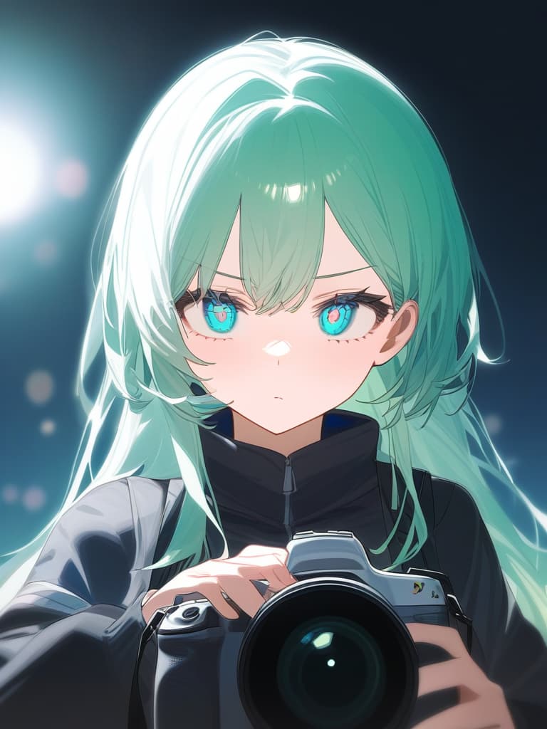  one girl, ai game commentator, camera lens in the eyes, white hair, green hair, cyberless