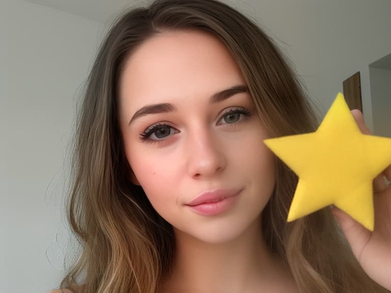  a beautiful young woman leaves a review on a website in the form of five yellow stars