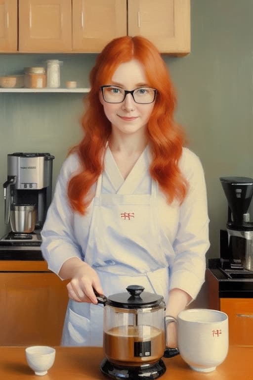  a red haired woman wearing glasses stands making coffee in a japanese style coffee shop., bichu,oil painting,impressionism advertising photo,high quality, good proportion, masterpiece , the image is captured with an 8k camera