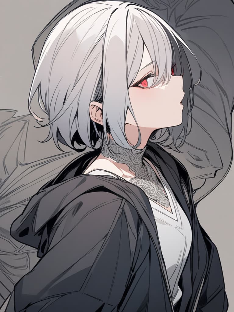  lineart, angel ring, gray hair, man, short hair, masterpiece, red eyes, throat buddha, black parka, best quality, ultra detailed