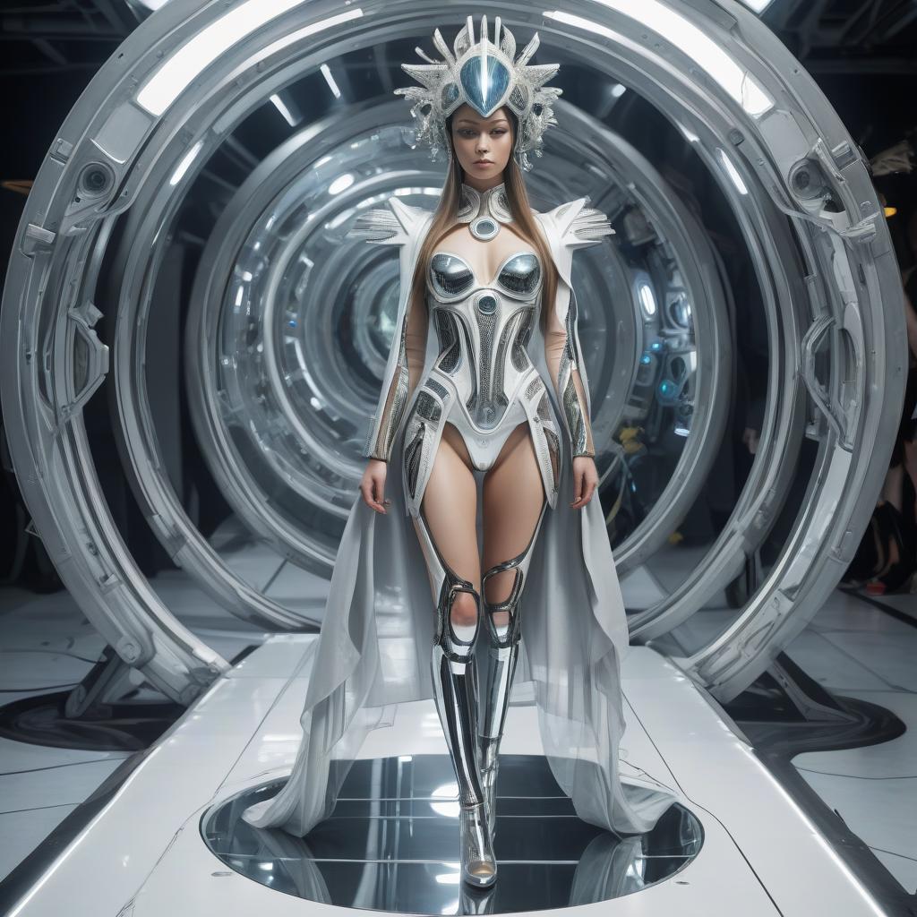  the costume of a woman from the future. adding mirrors. headdress. full height. with shoes