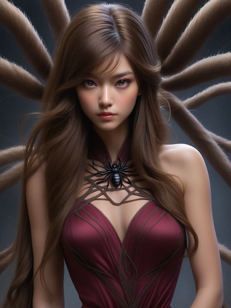  spider demon, 1 female, human spider hybrid face, solo, female focus, long flowing hair, silk like dress, portrait, multiple eyes, looking at viewer, realistic, closed mouth, close up, spider legs visible, dark background, ethereal glow.