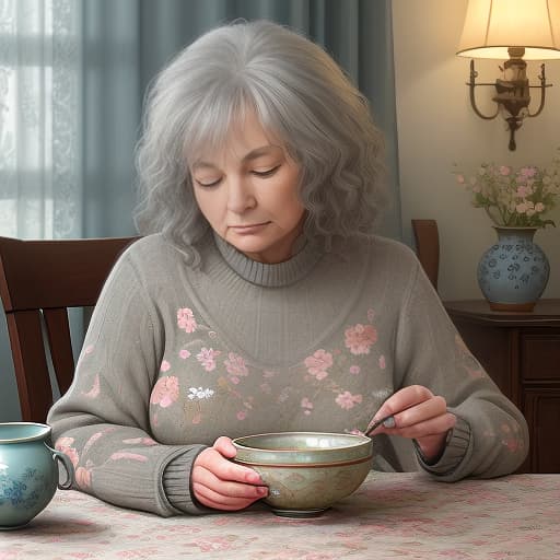  a mature woman with frizzy gray hair sits at a table covered with a floral tablecloth. she is wearing a dark, knitted sweater and appears to be lost in thought with her eyes closed. in front of her is a large, vintage bowl. the background features soft blue curtains that gently diffuse the light, creating a calm and serene atmosphere. the walls have a subtle pattern of muted colors and floral designs. the scene conveys a sense of tranquility and introspection.