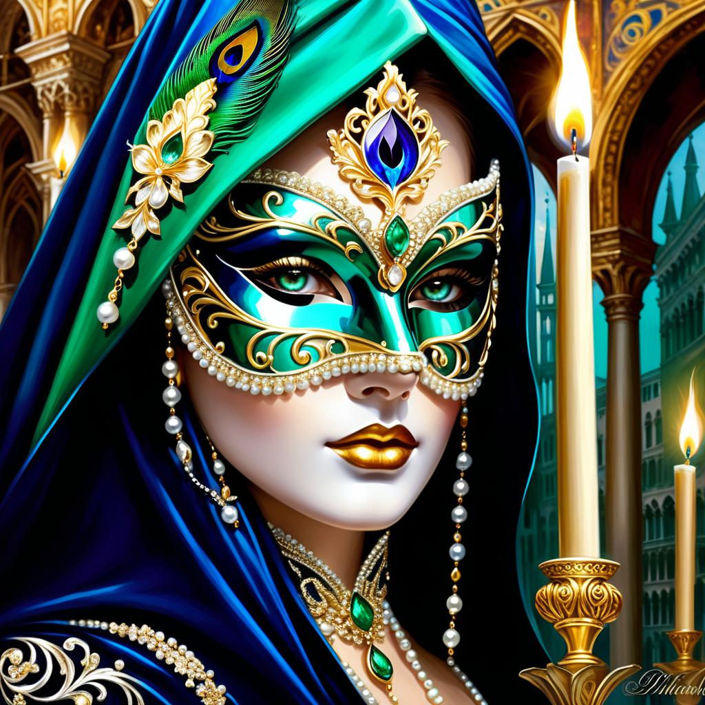  ethereal fantasy concept art of (background):black silk cloak, topazes, rubies, emeralds, gold candlestick with white gold flame. ((the eye slits reflect the contours of the palaces and canals of venice1,9)). ((half mask columbine) a mask covering only part of the face. silver mask:with gold patterned ornamentation. colours:light green, blue, pearl cream, peacock feathers, gold and silver beads, gold leaf, gemstones, venetian lace, rhinestones, beads. (style):fantasy, renaissance, dream, mystery, mystery, dream, italy, venice, barcarolle, minestrel. . magnificent, celestial, ethereal, painterly, epic, majestic, magical, fantasy art, cover art, dreamy