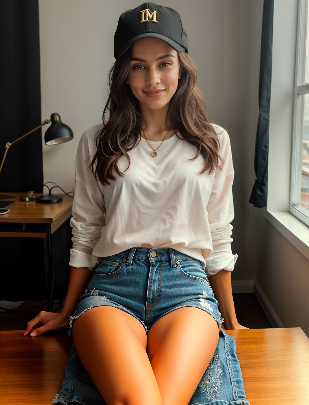  college , famous Italian actress, the viewer, sitting at a desk with black baseball hat , trendy clothing, colourful clothes, extremely tempting clothes, deep age, opened shirt, alluring smile, small s, hard s, (((full-body picture))),(((masterpiece))),(((best quality))),(((extremely detailed))),(((accurate human anatomy))),(((extremely realistic))), 1, , realism, cute face, model face hyperrealistic, full body, detailed clothing, highly detailed, cinematic lighting, stunningly beautiful, intricate, sharp focus, f/1. 8, 85mm, (centered image composition), (professionally color graded), ((bright soft diffused light)), volumetric fog, trending on instagram, trending on tumblr, HDR 4K, 8K