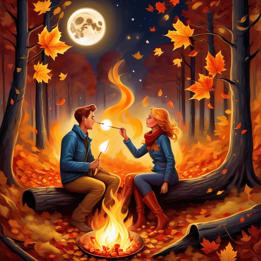  digital painting with elements of oil paints. a couple in love in an autumn forest by a fire roasting marshmallows on sticks, a date with benefits, a humorous cheerful look, loving eyes and hearts, autumn leaves caught by the wind swirl near them, a romantic large moon in the sky, comicbook, comicbook style