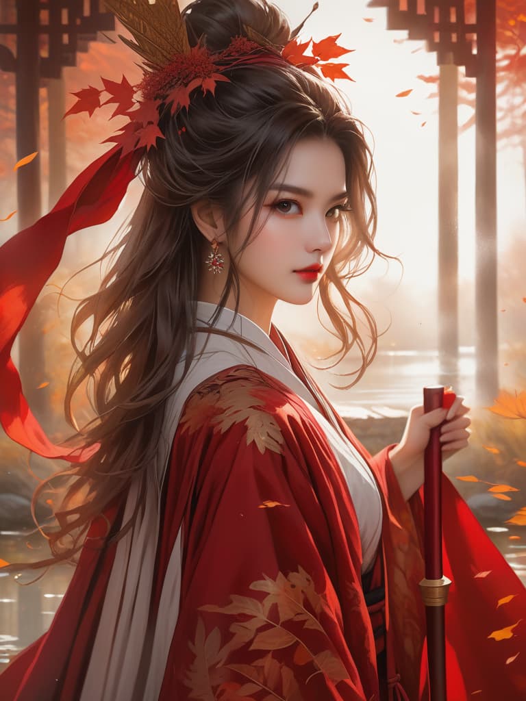  autumn colors, oil painting, traditional attire, ink wash, fallen leaves, pond, woman in red robe, sword, vibrant autumn hues, lively atmosphere, ((mysterious aura)), female figures, powerful, ancient style, ((dramatic lighting)), highly detailed photo, sharp details, best quality, 4k, raw photo