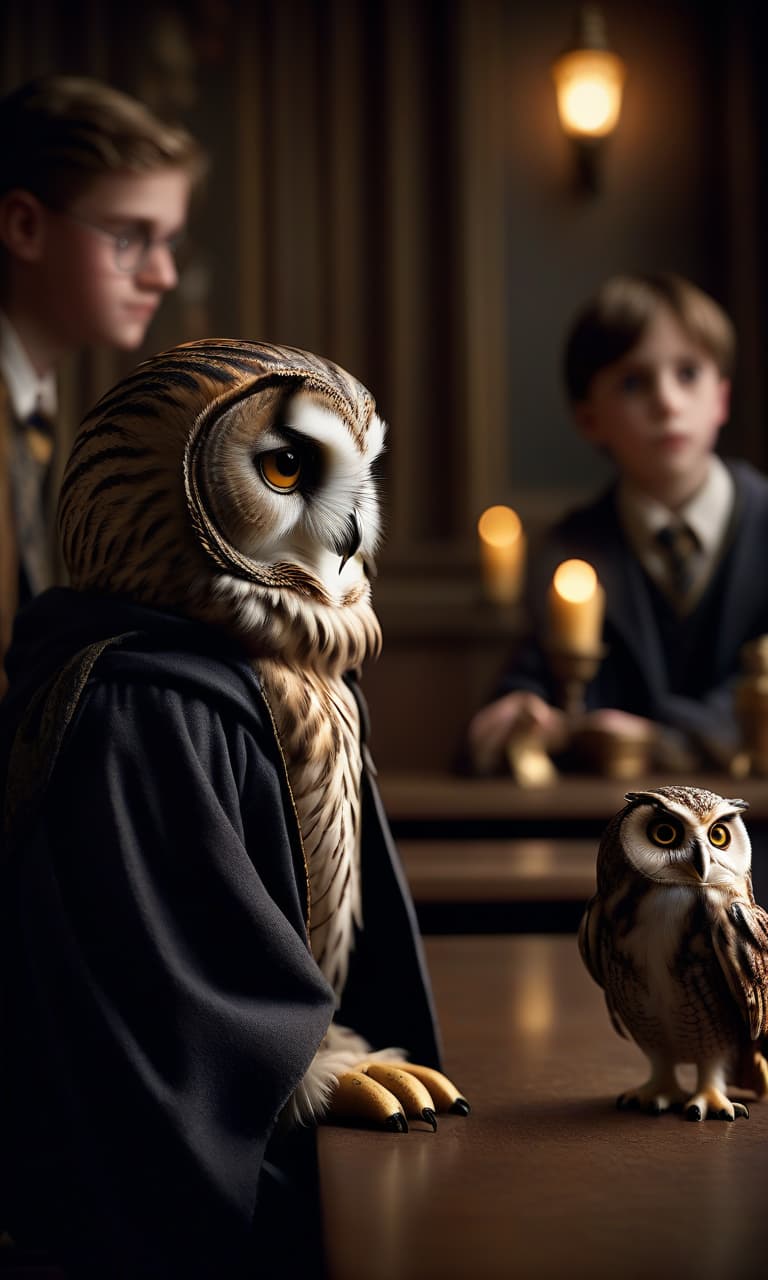  cinematic film still a little student from hogwarts is sitting at a table. an owl next to him. pupil joyful . shallow depth of field, vignette, highly detailed, high budget, bokeh, cinemascope, moody, epic, gorgeous, film grain, grainy