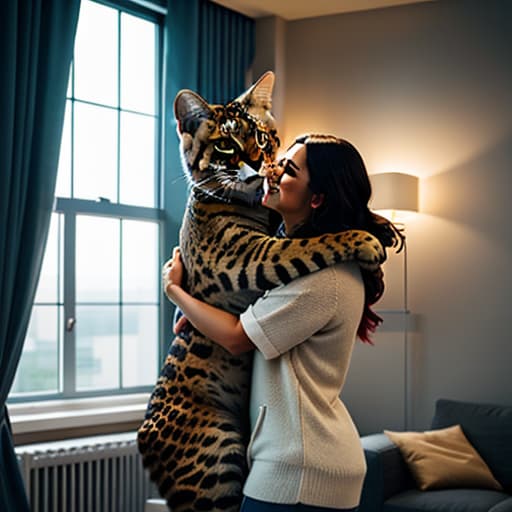  a big cat hugs a cute girl in the living room,pokemon hyperrealistic, full body, detailed clothing, highly detailed, cinematic lighting, stunningly beautiful, intricate, sharp focus, f/1. 8, 85mm, (centered image composition), (professionally color graded), ((bright soft diffused light)), volumetric fog, trending on instagram, trending on tumblr, HDR 4K, 8K