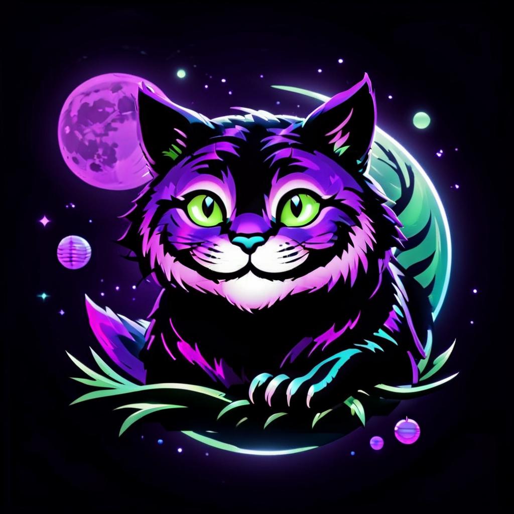  neonpunk style the cheshire cat smiles broadly and sits on a branch, purple black purple green colors, space, moon and planets in the background . cyberpunk, vaporwave, neon, vibes, vibrant, stunningly beautiful, crisp, detailed, sleek, ultramodern, magenta highlights, dark purple shadows, high contrast, cinematic, ultra detailed, intricate, professional, logo