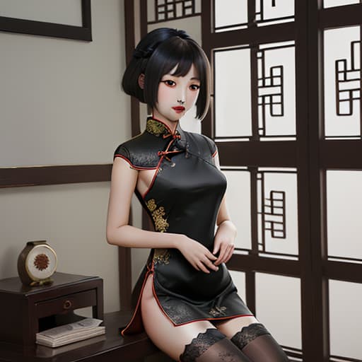  black stockings, cheongsam, ancient style, delicate girl.