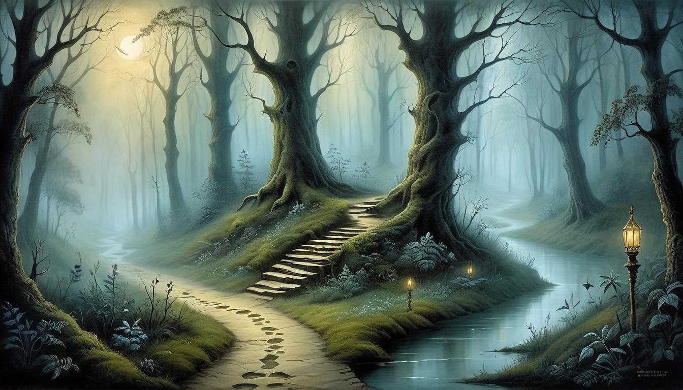  on parchment, surrealism+++, enchanted pathway, glowing footprints, hands of light guiding, forest shrouded in mist, divine direction(mysterious, provocative, symbolic,muted color)+++