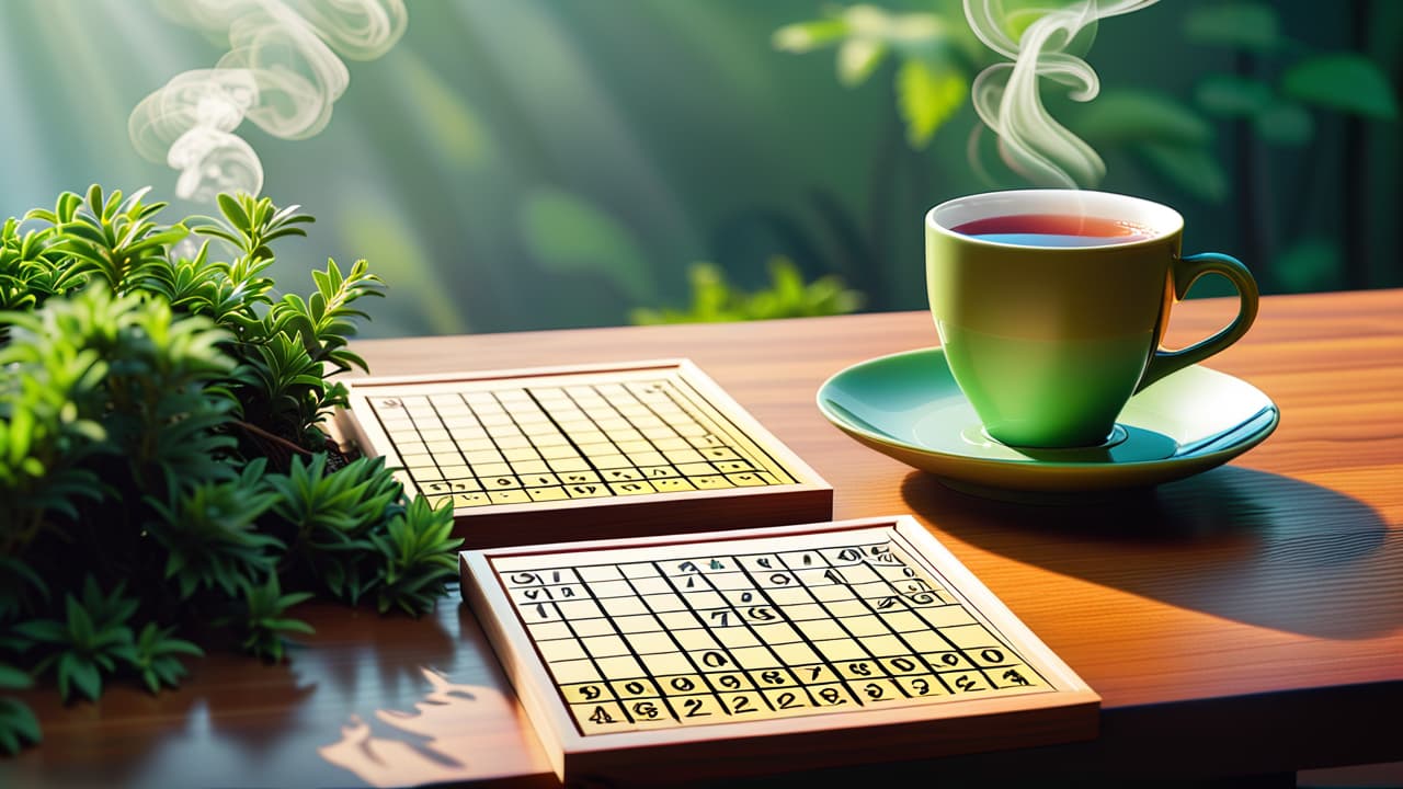  a serene workspace with a wooden table, featuring a partially completed sudoku puzzle, a pencil, and a steaming cup of tea, surrounded by lush greenery, evoking a sense of focus and mental engagement. hyperrealistic, full body, detailed clothing, highly detailed, cinematic lighting, stunningly beautiful, intricate, sharp focus, f/1. 8, 85mm, (centered image composition), (professionally color graded), ((bright soft diffused light)), volumetric fog, trending on instagram, trending on tumblr, HDR 4K, 8K