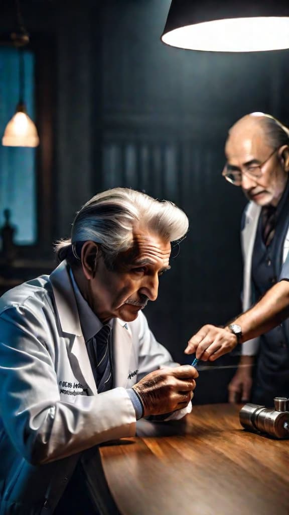  doctor injecting elderly patient with morphine, dark shadowy room, tense and mysterious atmosphere hyperrealistic, full body, detailed clothing, highly detailed, cinematic lighting, stunningly beautiful, intricate, sharp focus, f/1. 8, 85mm, (centered image composition), (professionally color graded), ((bright soft diffused light)), volumetric fog, trending on instagram, trending on tumblr, HDR 4K, 8K