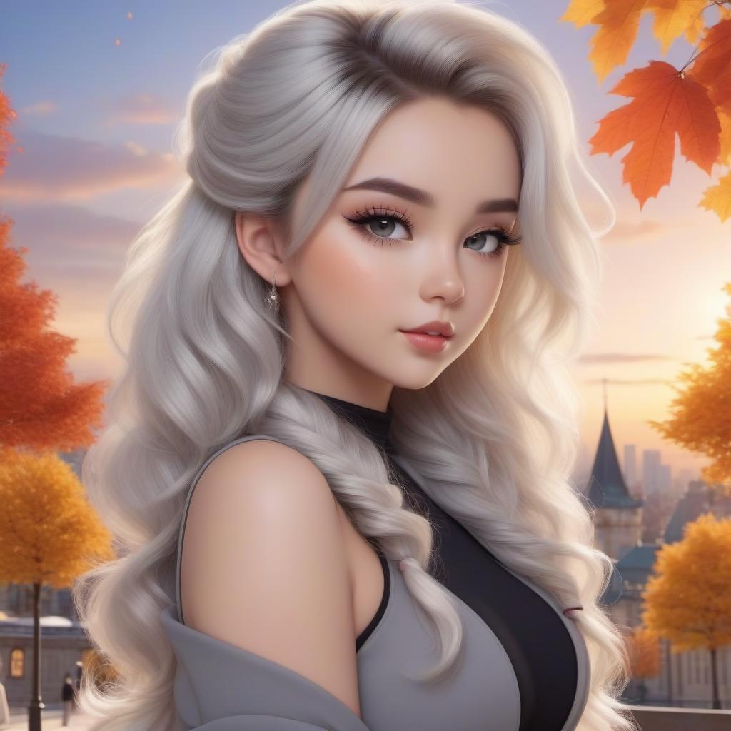  Cute cartoon girl with big gray eyes plump lips freckles on a snub-nosed face curly hair gathered in a perky ponytail against the background of an autumn city, a bright dynamic picture in the style of cute anime, fantasy