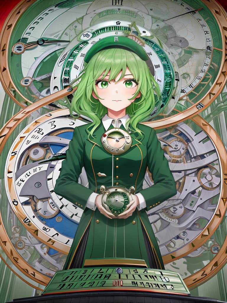  1girl,green hair,(((the clock is ticking:1.5)))