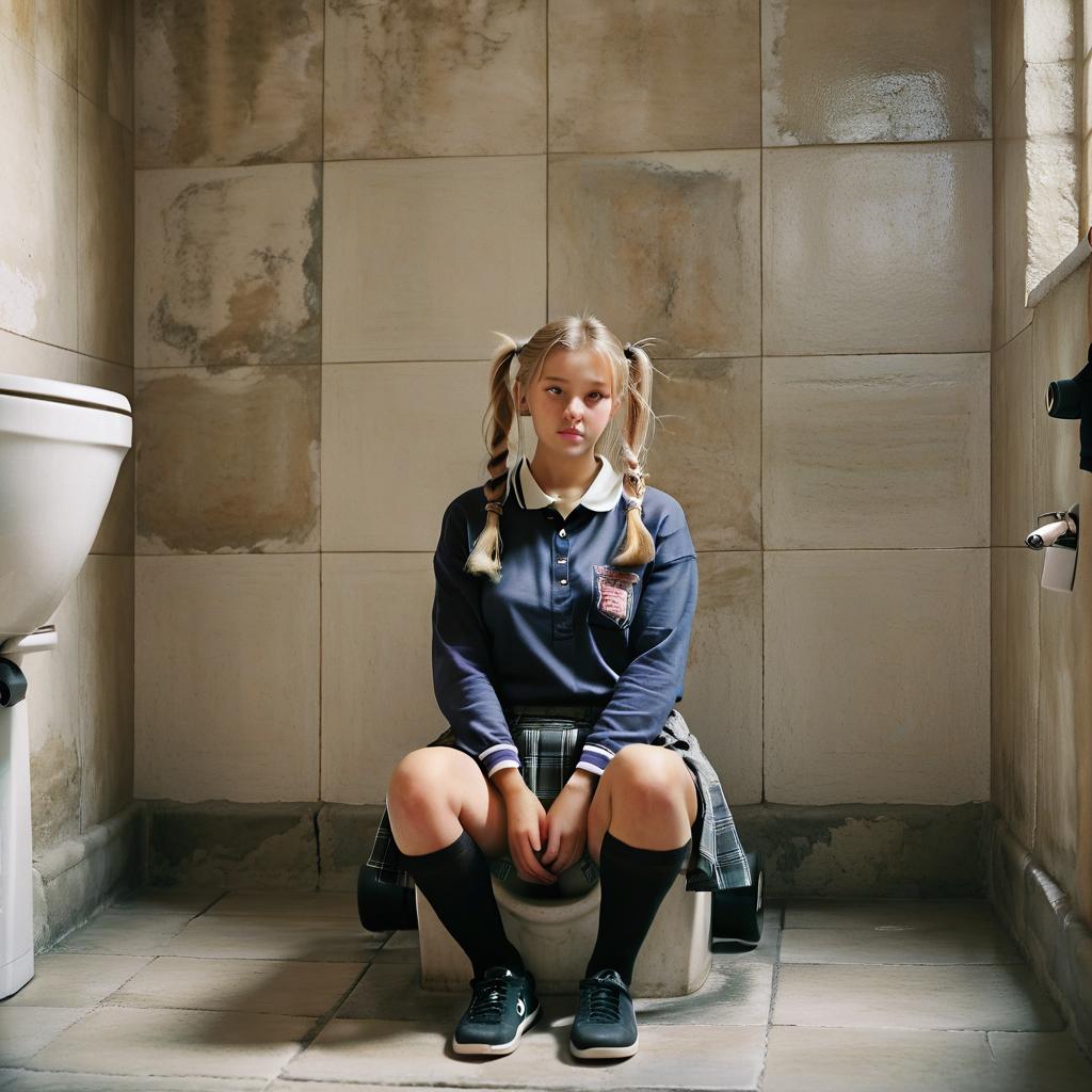  cinematic photo realistic photo, girl, sitting on a square toilet, blond hair, pigtails, shirt, skirt, tall black stockings, sneakers, large room, stone walls, stone floor. . 35mm photograph, film, bokeh, professional, 4k, highly detailed, film photography style