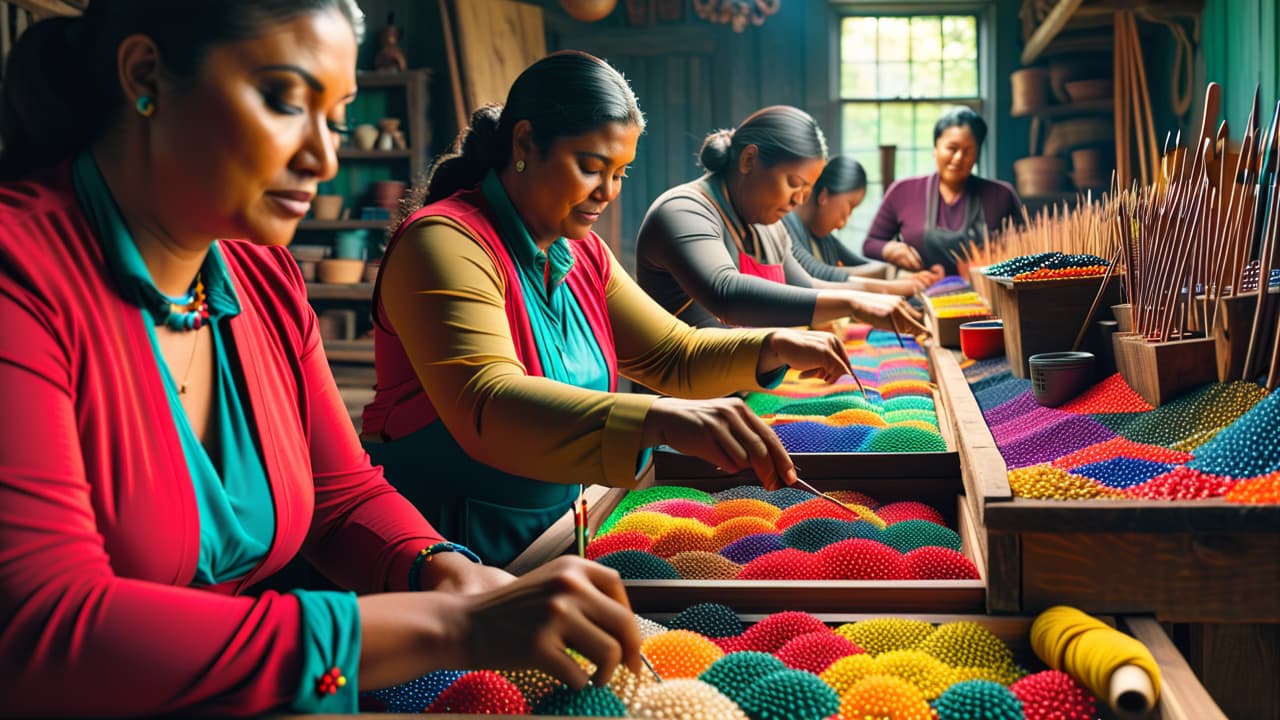  a vibrant scene of diverse artisans crafting intricate beadwork, showcasing colorful beads, traditional patterns, and modern designs, surrounded by tools and finished pieces, set against a sunlit workshop filled with inspiration and creativity. hyperrealistic, full body, detailed clothing, highly detailed, cinematic lighting, stunningly beautiful, intricate, sharp focus, f/1. 8, 85mm, (centered image composition), (professionally color graded), ((bright soft diffused light)), volumetric fog, trending on instagram, trending on tumblr, HDR 4K, 8K