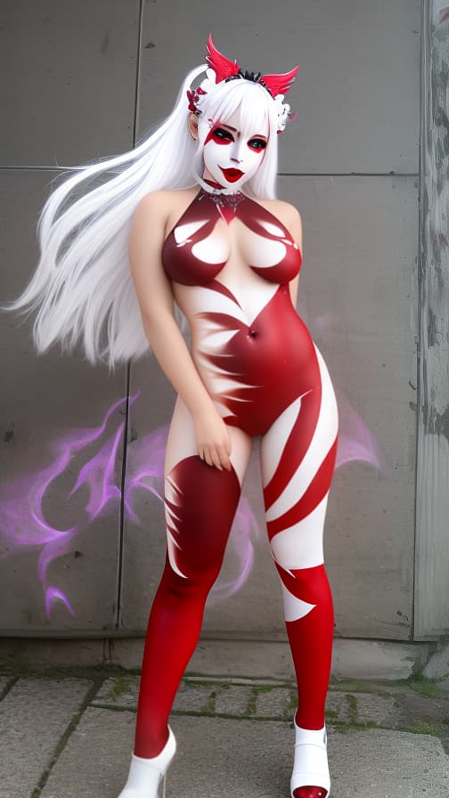  Full body red and White flame pattern body paint,silver body paint on the whole body, silver face paint on the face,succubus 女性