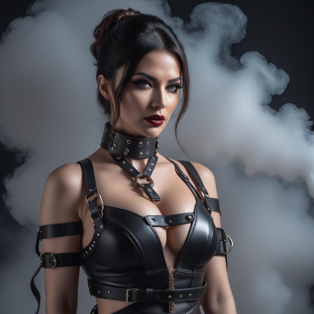  kneeling woman wearing a strappy leather bondage harness and a leather gag harness, ((mystical)) hyperrealistic, full body, detailed clothing, highly detailed, cinematic lighting, stunningly beautiful, intricate, sharp focus, f/1. 8, 85mm, (centered image composition), (professionally color graded), ((bright soft diffused light)), volumetric fog, trending on instagram, trending on tumblr, HDR 4K, 8K