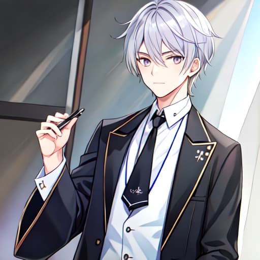  ((((masterpiece)))), best quality, very high resolution, ultra detailed, in frame, high boy, silver hair, silver eyes, cool, young, stylish, handsome, trendy, fashionable, student, ager, , chic, edgy, Japanese, modern, trendy haircut, fashionable outfit, confident pose