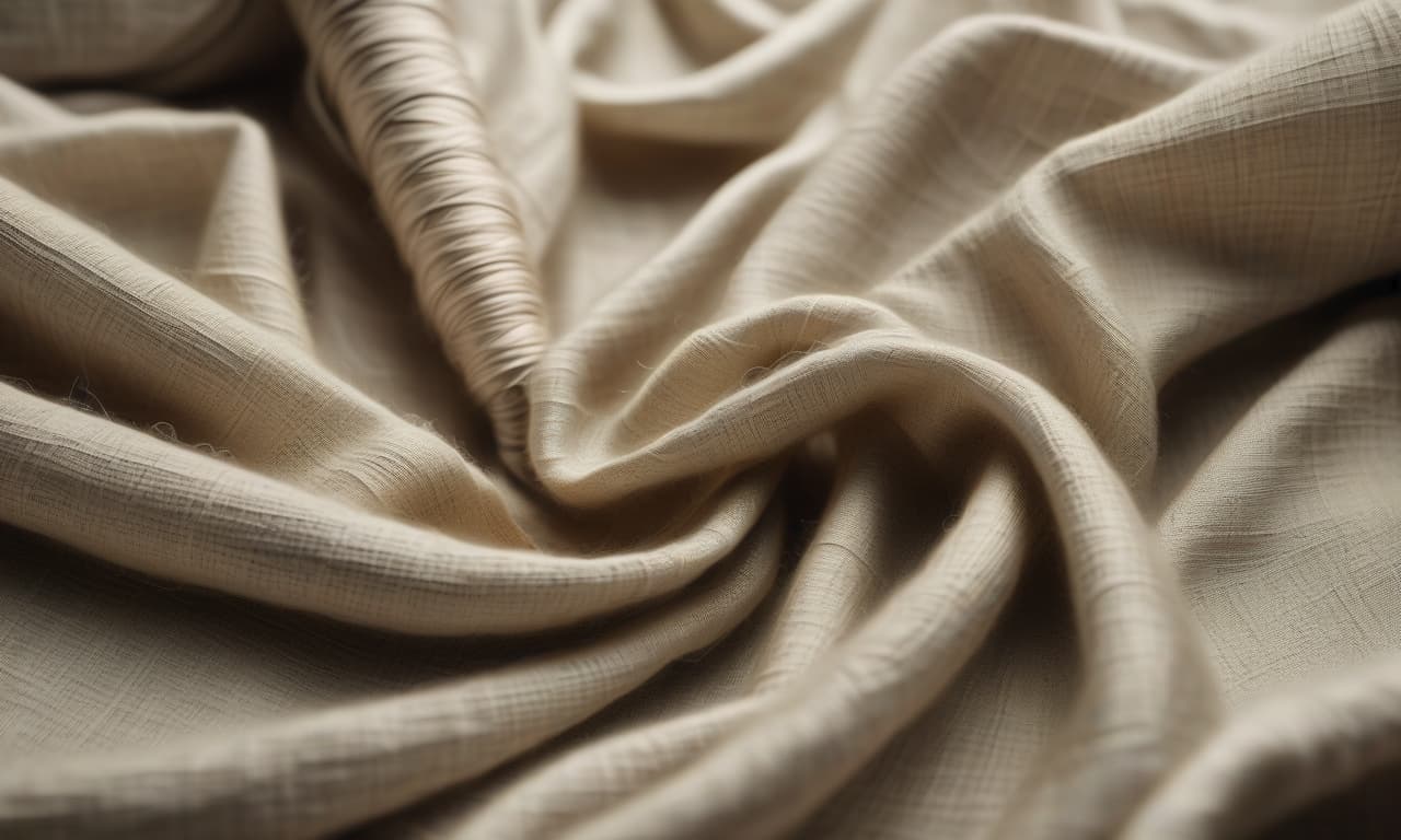  the texture of natural linen fabric with light, shallow folds, spools of sewing thread scattered on top of the fabric, photorealistic photography.