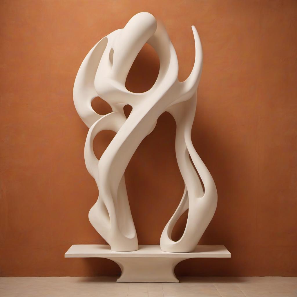  abstract shapeless sculpture of plaster stands in the exhibition hall on the terracotta background