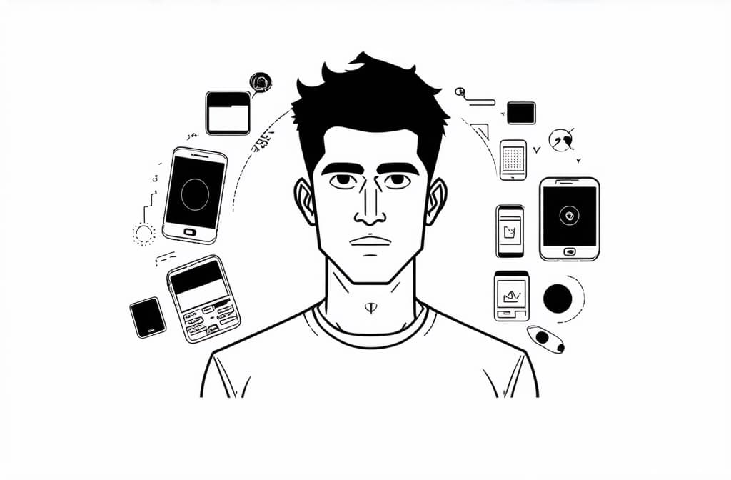  contour, very simple image in one unbroken black ink line, single line of male character surrounded by gadgets, flat design concept ar 3:2 using a single continuous black line ink brushon white background, drawing should be created without lifting the pen, recognizable features of male character surrounded by gadgets, flat design concept ar 3:2 in one unbroken line