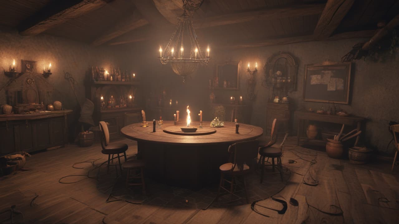  a picture of a witch themed karaoke room with a performance stage. the room should be dark, lit by candlelight. decor should have candles, cauldrons, misty smoke around the floor and from the cauldrons, potions. have tables for patrons with leather chairs. include a frog sitting on a cauldron., high quality, high details, hd, perfect composition, 4k epic detailed, highly detailed, sharp focus, high resolution