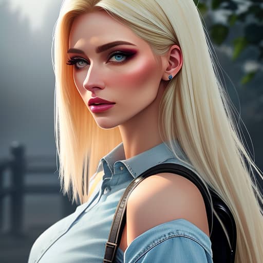  . 25 to 30 years, tall, skinny, but slightly inflated. she's wearing a light blue jeans and a white short with a backpack. blond hair with a shade of blonde, not very long, just below the shoulder. the skin is white, pure, literally perfect, the lips are painted with a light male shade, and the eyelashes are creamed black eyes, the eyes of the whole growth picture hyperrealistic, full body, detailed clothing, highly detailed, cinematic lighting, stunningly beautiful, intricate, sharp focus, f/1. 8, 85mm, (centered image composition), (professionally color graded), ((bright soft diffused light)), volumetric fog, trending on instagram, trending on tumblr, HDR 4K, 8K