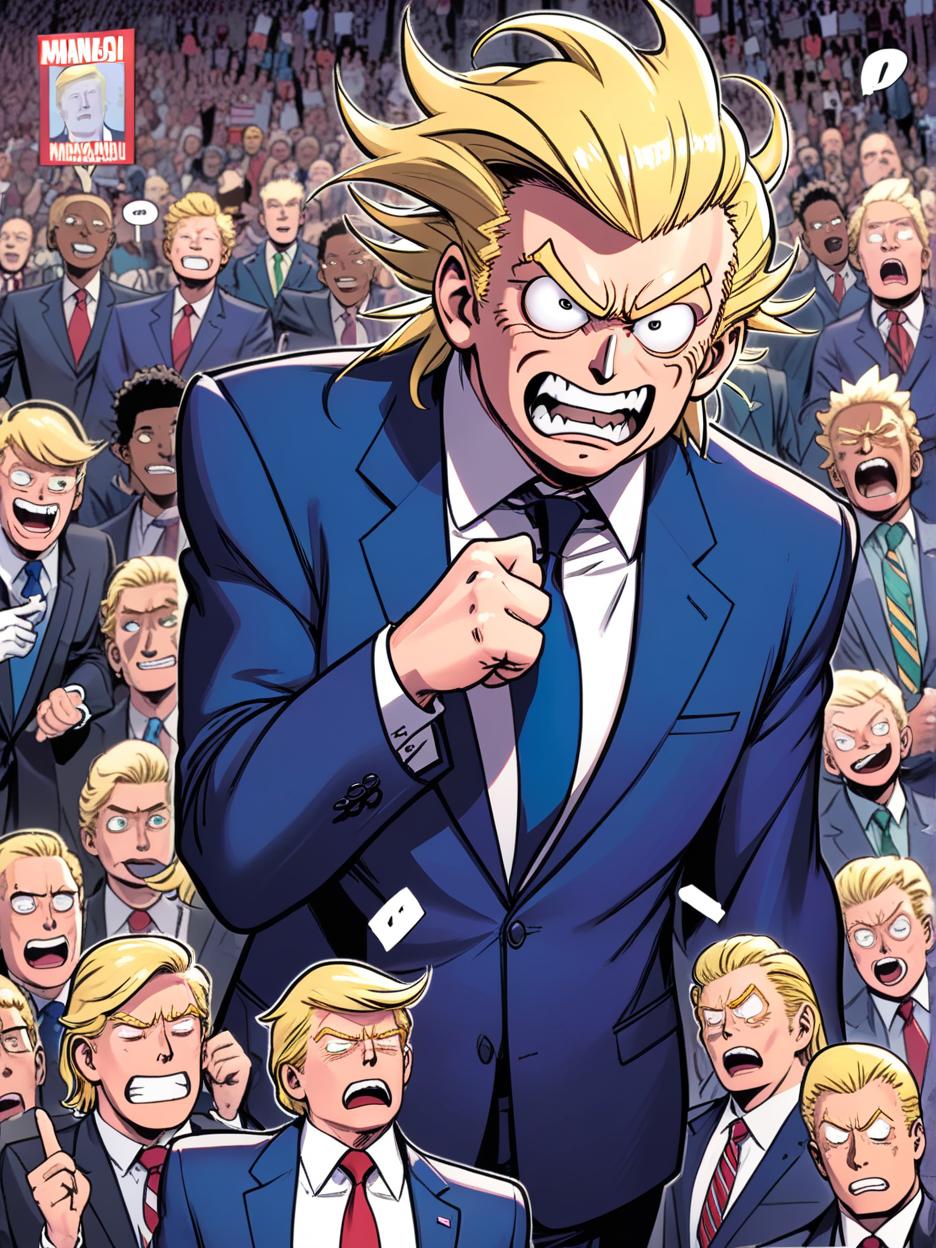  manga artwork generate me a picture of donald trump looking similar to all might from my hero academia anime but still in his suit talking to his supporters. manga artist. manga, highly emotional. best quality, high resolution