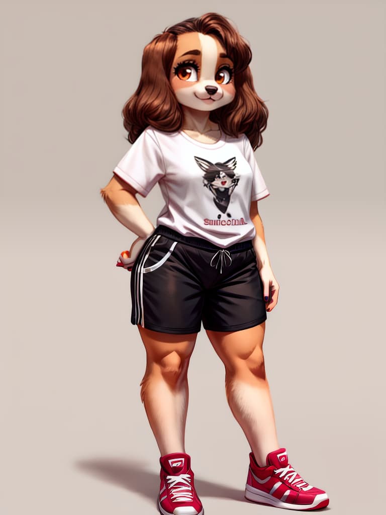  swf anthropomorphic english cocker spaniel female curvy, standing in shorts and oversized tshirt no background