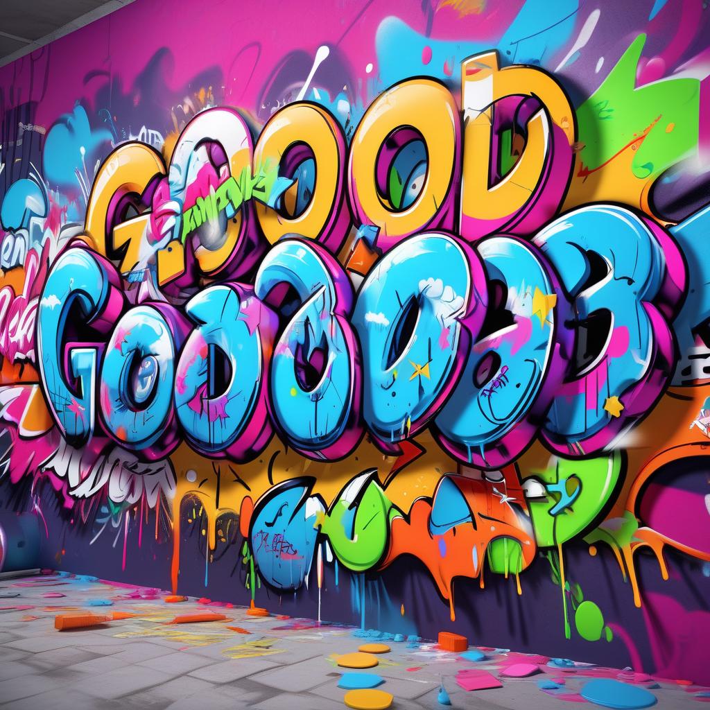  graffity art phrases"good mood" in movie theme, 4k, high resolution, ray tracing, detaleed, front view