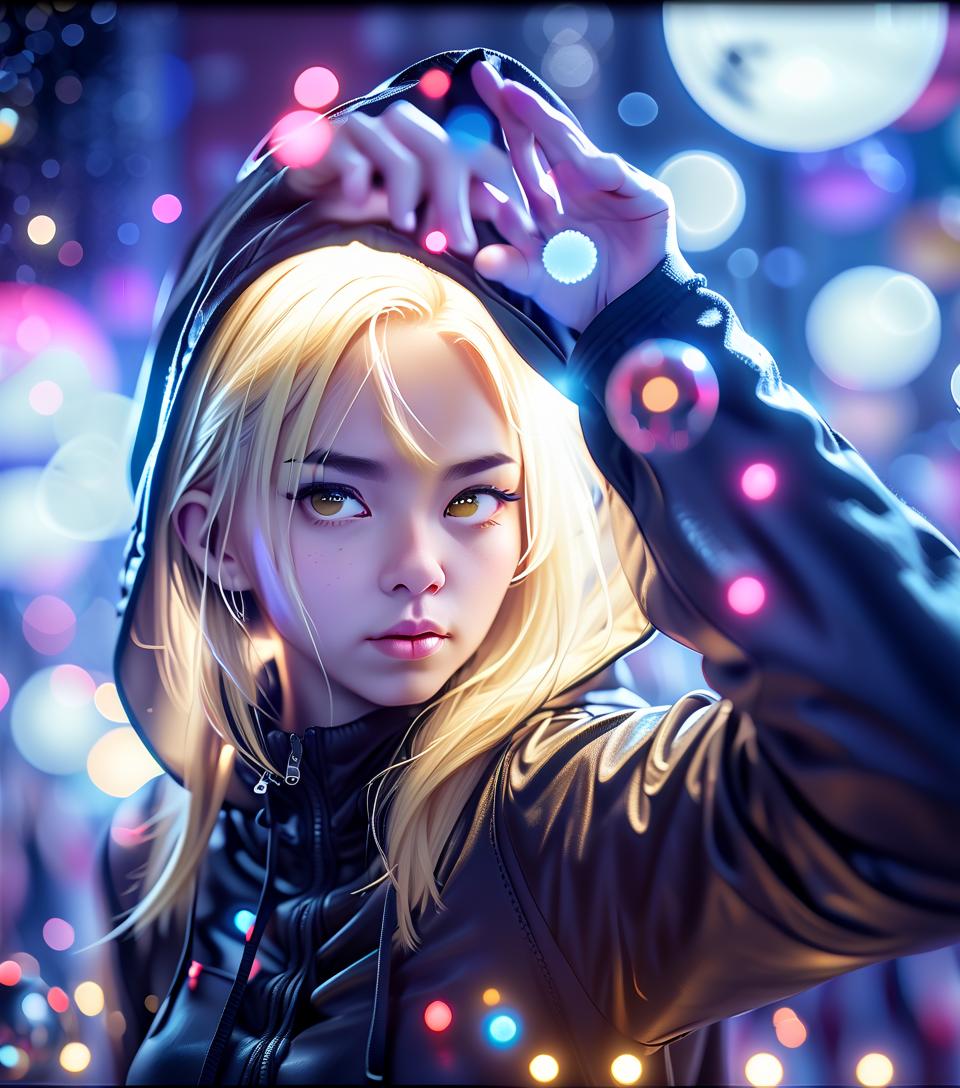  cinematic photo the girl is blonde, in a black top and hood, a large bust, against the background of magic balls. . 35mm photograph, film, bokeh, professional, 4k, highly detailed, perfecteyes, hkmagic, glowneon