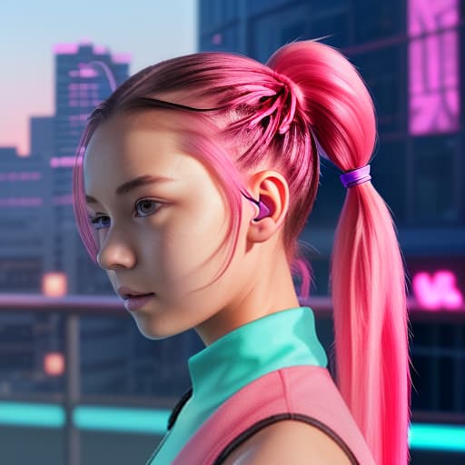  girl anime gamer in neon headphones against the background of the city of the future, hairstyle with two braids ponytails in full growth