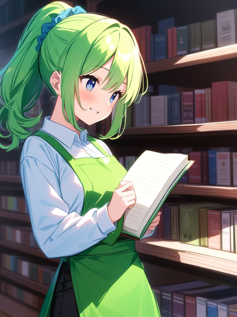  (hd:1.3),(4k 8k:1.5)apron,black pants,clothing,collared shirt,green apron,hair accessory,long sleeves,pants,polka dot pattern,long ponytail,scrunchie,shirt,tied hair,white shirt,blue eyes,green hair,(very smile:1.3),(blush:1.2),(inside a library filled with books) woman,long hair,standing