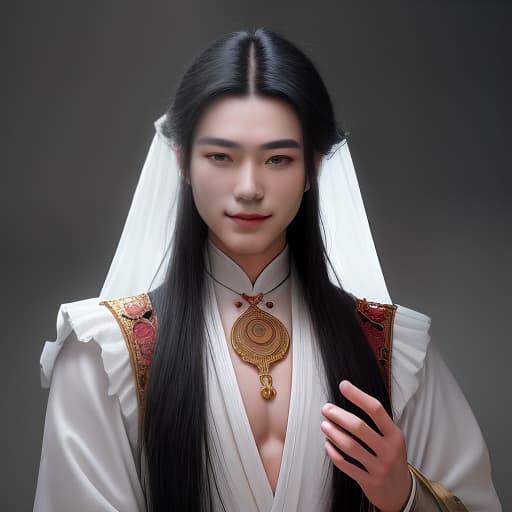  an face character, a young handsome man, a chinese healer, long black hair, traditional blonde clothes, jewelry and amulets around the neck, in full growth., photorealistic, hyperrealistic, hyperdetailed, analog style, demure, detailed skin, pores, smirk, smiling eyes, matte skin, soft lighting, subsurface scattering, realistic, heavy shadow, masterpiece, best quality, ultra realistic, 8k, golden ratio, intricate, high detail, film photography, soft focus